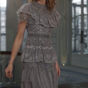 Needle & Thread Gray Lace Midi Dress Cinderella Tiered in Ash